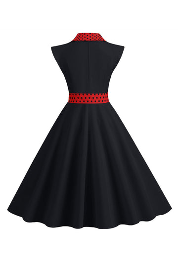 Preto Pontos de Polka Vestido dos anos 1950 com laço